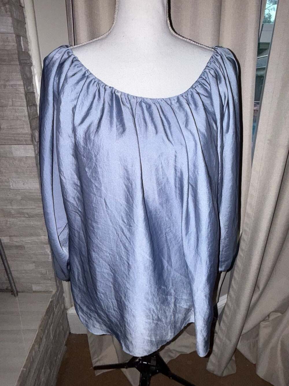 HATCH Blouse Size 2 Blue Silk Long Sleeve Gathered Neckline Top